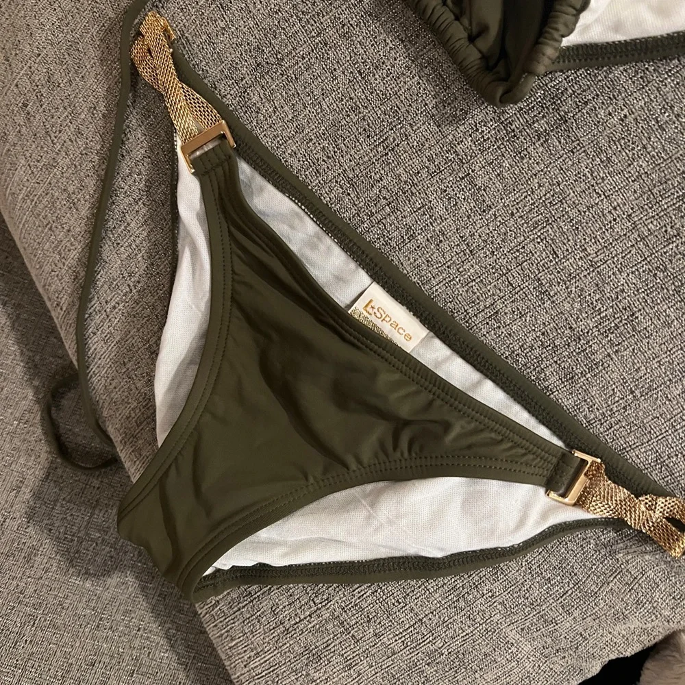 L Space army green bikini with gold mesh small bottom large top - Picture 3 of 6